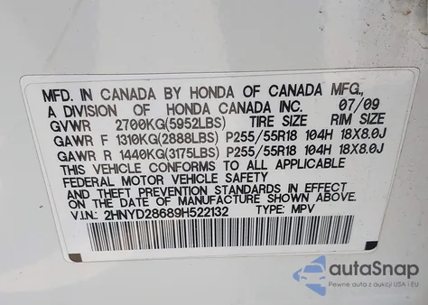 2009 Acura Mdx Technology Package from USA, damaged, VIN 2HNYD28689H522132